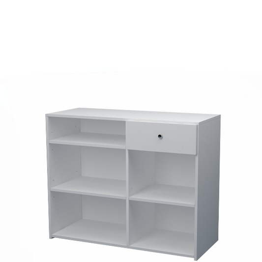 Mostrador de melamina con estantes regulables y cajón, ideal para comercios y oficinas. Fabricación a medida