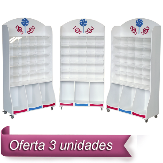 Pack de 3 muebles expositores para golosinas con carameleras y ruedas, ideales para tiendas y eventos.