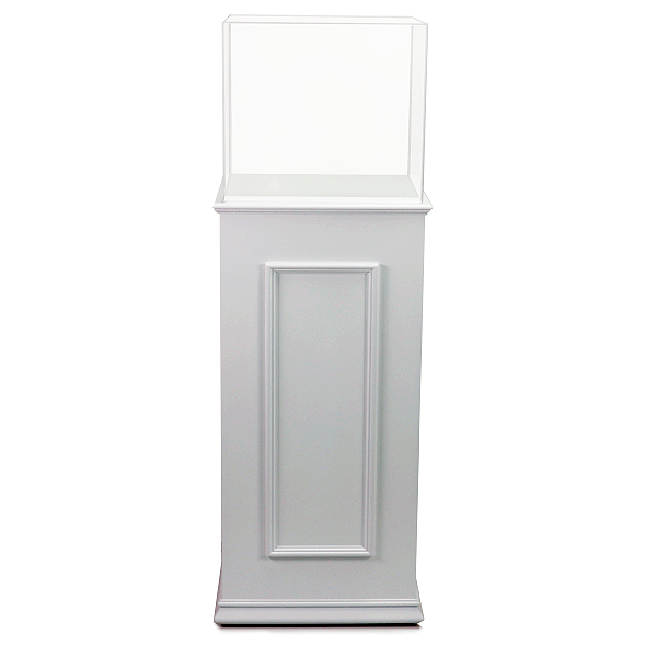 Pedestal de DM lacado con vitrina, fabricado a medida. Diseño elegante y funcional, ideal para exhibir productos en escaparates o en el interior de tiendas y comercios. Acabados de alta calidad.