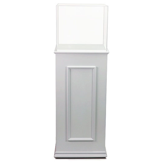 Pedestal de DM lacado con vitrina, fabricado a medida. Diseño elegante y funcional, ideal para exhibir productos en escaparates o en el interior de tiendas y comercios. Acabados de alta calidad.