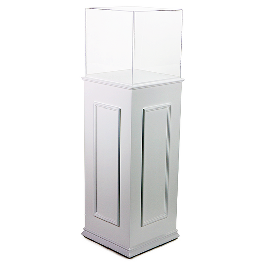 Pedestal de DM lacado con vitrina, fabricado a medida. Diseño elegante y funcional, ideal para exhibir productos en escaparates o en el interior de tiendas y comercios. Acabados de alta calidad.