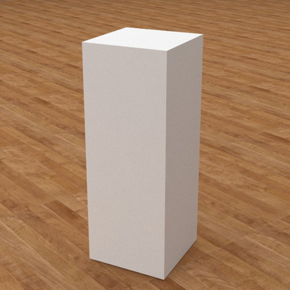 Pedestal lacado de 30x30x100cm en DM blanco con acabado satinado, ideal para exposición en tiendas y comercios.