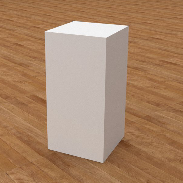 Pedestal de exhibición en DM lacado blanco con acabado satinado. Ideal para exposición en tiendas y comercios.