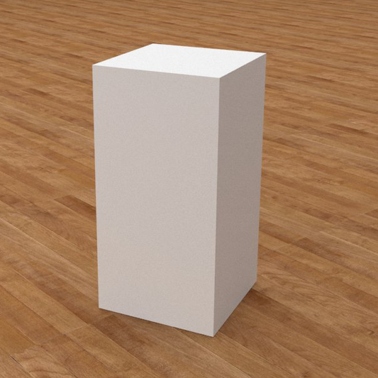 Pedestal de exhibición en DM lacado blanco con acabado satinado. Ideal para exposición en tiendas y comercios.