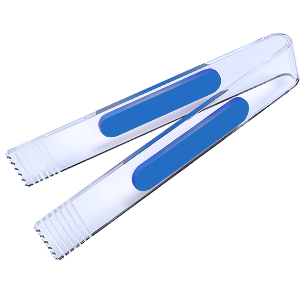 Pinza de metacrilato transparente con agarres de color, ideal para golosinas y productos a granel.