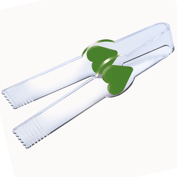 Pinza de metacrilato transparente con detalles en color verde, ideal para manipular golosinas y productos a granel.
