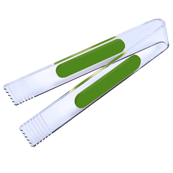 Pinza de metacrilato transparente con agarres de color, ideal para golosinas y productos a granel.