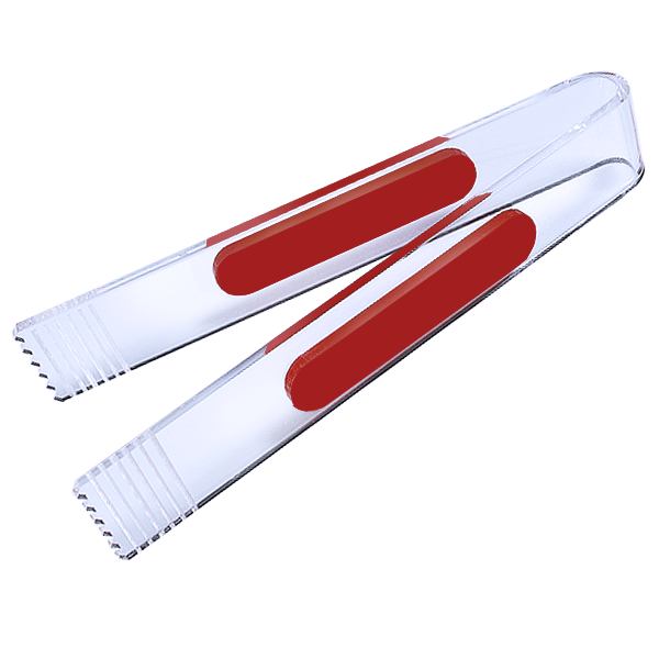 Pinza de metacrilato transparente con agarres de color, ideal para golosinas y productos a granel.