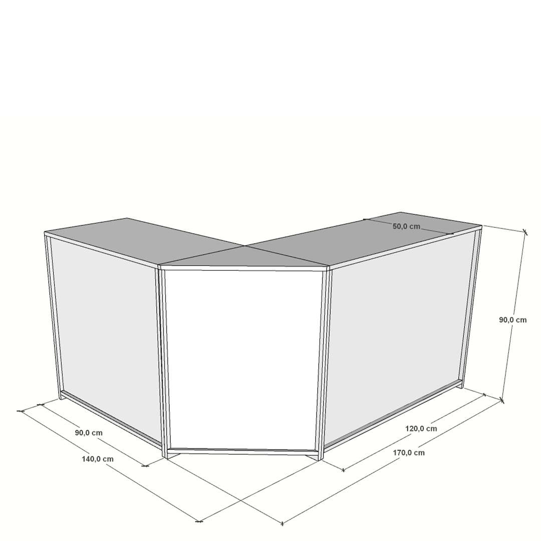 Mostrador esquinero de melamina para recepción, con cajón y estantes regulables. Diseño compacto y funcional, ideal para optimizar el espacio en oficinas, centros de atención y puntos de bienvenida. Fabricado a medida.