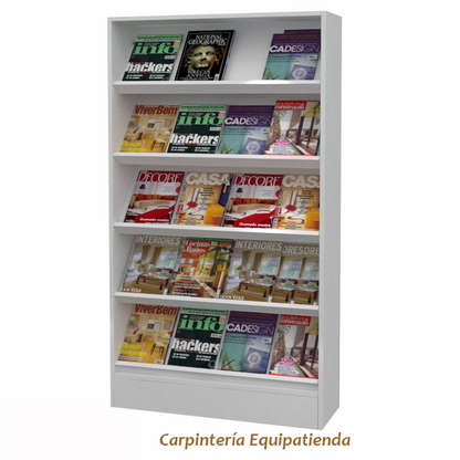 Revistero vertical de 90x30x160cm en melamina blanca, con estantes inclinados para exhibición de revistas. Fabricación a medida.