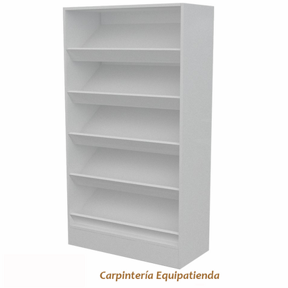 Revistero vertical de 90x30x160cm en melamina blanca, con estantes inclinados para exhibición de revistas. Fabricación a medida.