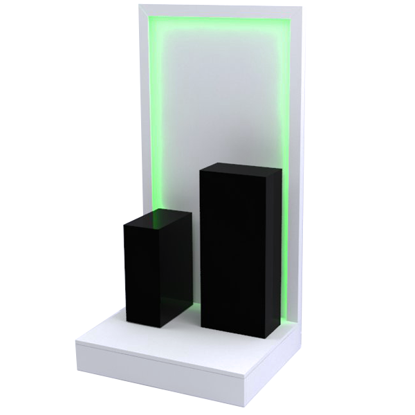 Tarima expositora con pedestales escalonados e iluminación LED, fabricada a medida en melamina lacada. Mobiliario comercial ideal para exhibición de productos destacados en tiendas, escaparates o farmacias. Diseño visualmente atractivo y funcional.