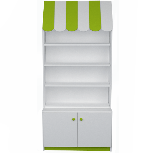Mueble expositor con estantes regulables y almacenamiento inferior, ideal para tiendas y comercios.