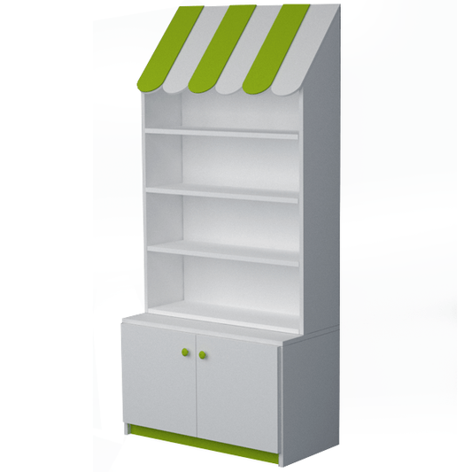 Mueble expositor con estantes regulables y almacenamiento inferior, ideal para tiendas y negocios.