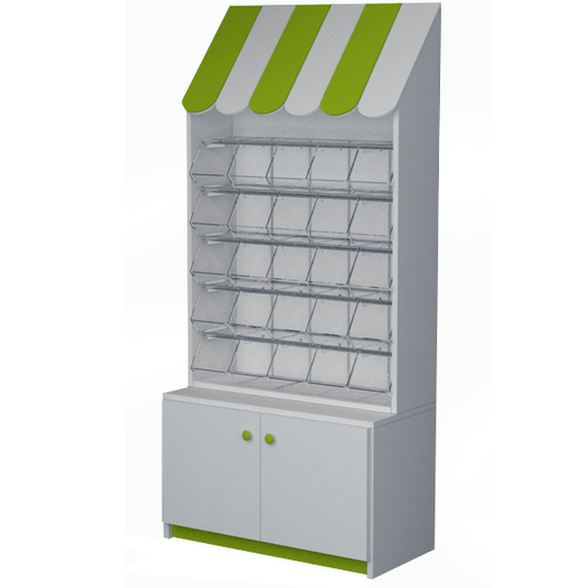 Mueble expositor con carameleras de metacrilato y almacenamiento inferior con puertas.
