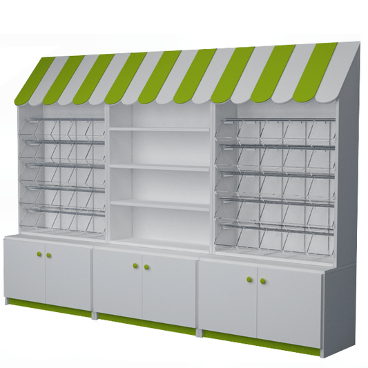 Mueble expositor con carameleras y estantes regulables, ideal para tiendas de golosinas y autoservicio.