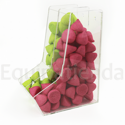 Tolva pequeña de metacrilato de 16x23,6x30cm, sin tapa, con 2 divisiones. Fabricada a medida para tiendas de golosinas.