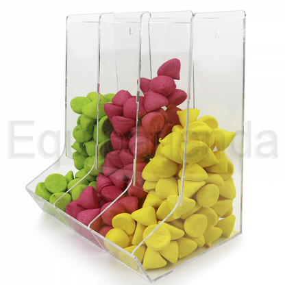 Tolva grande de metacrilato de 32,8x23,6x40cm, sin tapa, con 3 divisiones. Fabricada a medida para tiendas de golosinas.