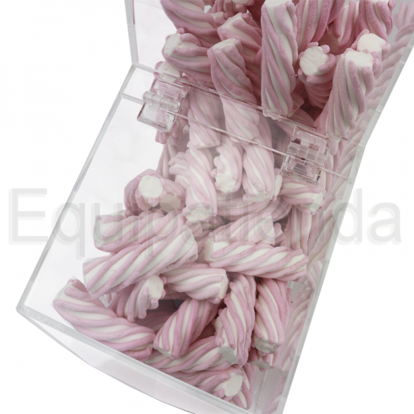 Tolva mediana de metacrilato transparente con tapa, ideal para la exhibición y autoservicio de golosinas y productos a granel.