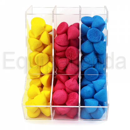 Tolva pequeña de metacrilato de 24x23,6x30cm, sin tapa, con 3 divisiones. Fabricada a medida para tiendas de golosinas.