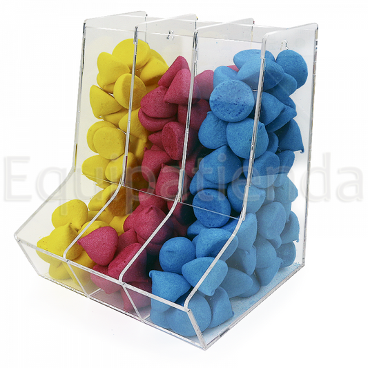 Tolva de metacrilato transparente con divisiones, ideal para exposición y autoservicio de golosinas. Diseño higiénico y resistente, perfecta para tiendas de chuches, kioscos y mobiliario comercial a medida.