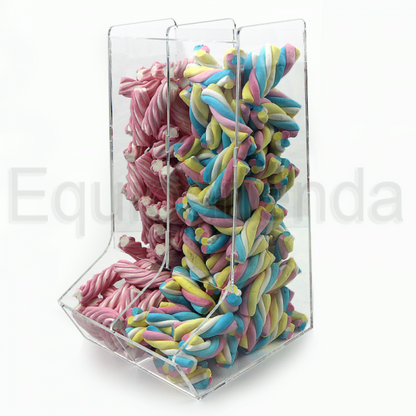 Tolva grande de metacrilato de 22x23,6x40cm, con 2 divisiones. Fabricada a medida para tiendas de golosinas.