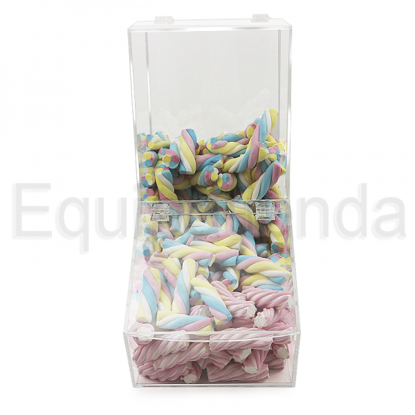 Tolva grande de metacrilato transparente con tapa, ideal para la exhibición y autoservicio de golosinas y productos a granel.