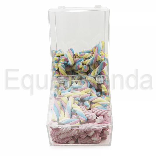 Tolva grande de metacrilato transparente con tapa, ideal para la exhibición y autoservicio de golosinas y productos a granel.