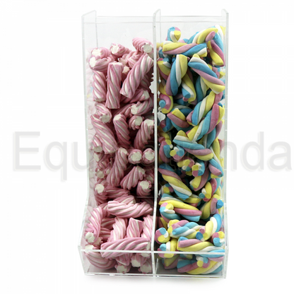 Tolva grande de metacrilato de 22x23,6x40cm, con 2 divisiones. Fabricada a medida para tiendas de golosinas.