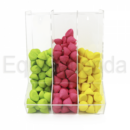 Tolva grande de metacrilato de 32,8x23,6x40cm, sin tapa, con 3 divisiones. Fabricada a medida para tiendas de golosinas.