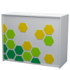 Mostrador blanco con decoración hexagonal en metacrilato, ideal para tiendas y oficinas.